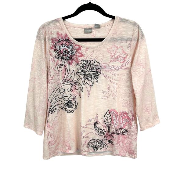Chico's Zenergy Pink Black Floral Print Embroidered 3/4 Sleeve Classic Fit Top 8 - Picture 1 of 4